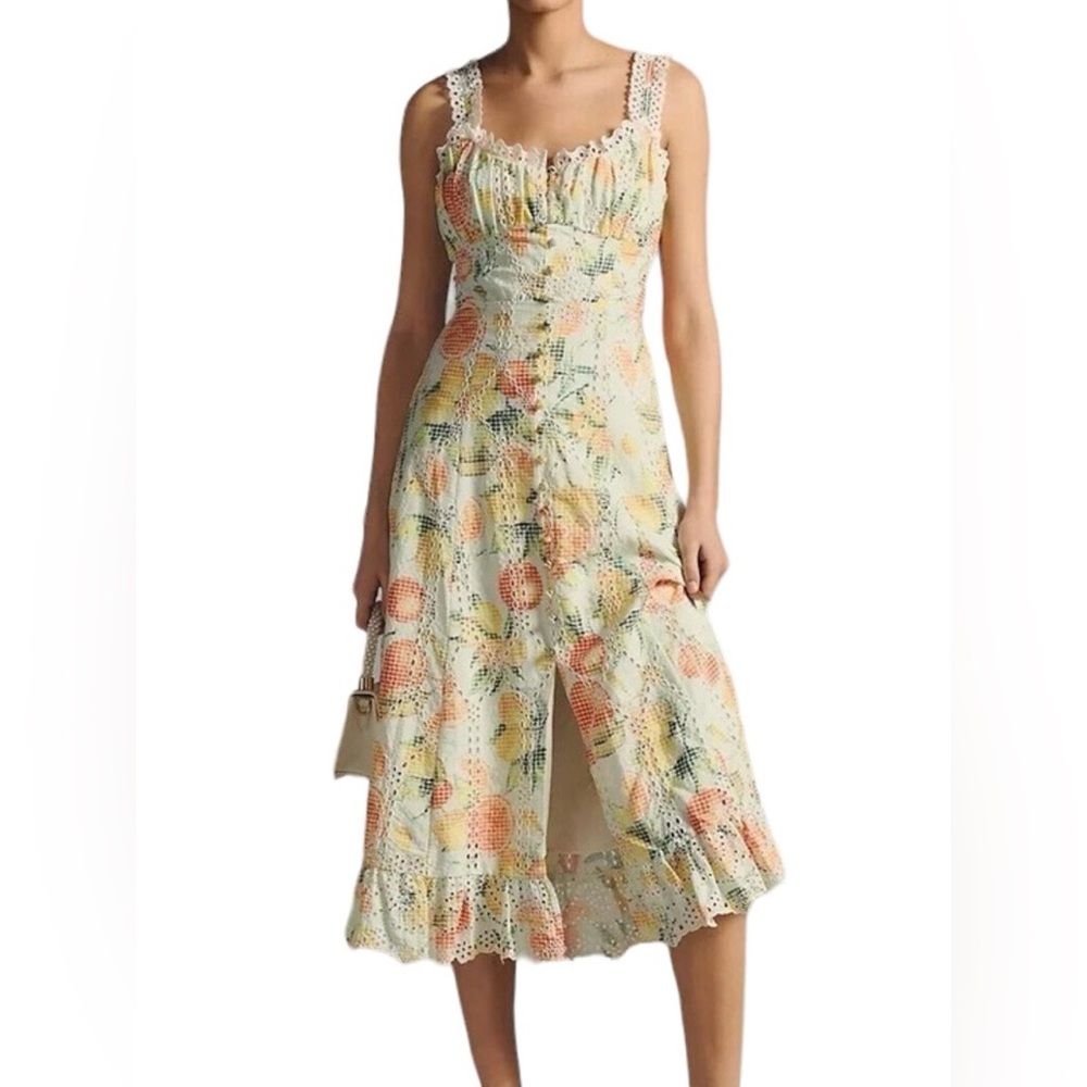 Anthropologie Floral Midi Dress - Cream and Orange